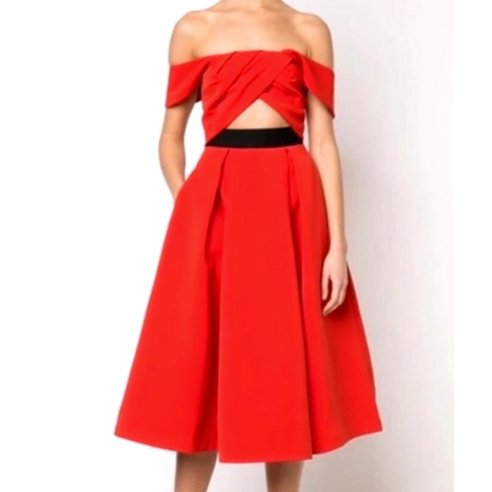 Self-Portrait Red Off-Shoulder Midi Dress with Black Waist